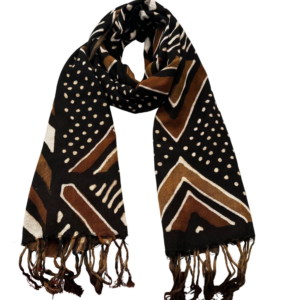 Foulard Bogolan Authentique – Tissé à la Main au Mali, 100 % Coton, Teintures Naturelles (Unisexe) - Marron- OMBAH
