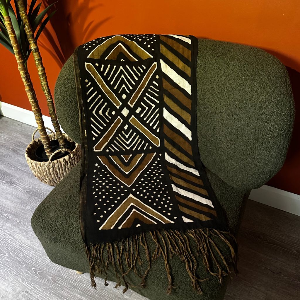 Foulard Bogolan Authentique – Tissé à la Main au Mali, 100 % Coton, Teintures Naturelles (Unisexe) - Marron- OMBAH