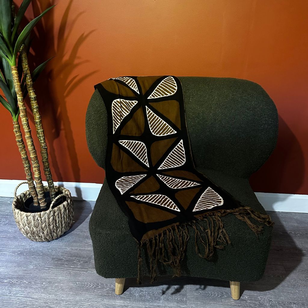 Foulard Bogolan Authentique – Tissé à la Main au Mali, 100 % Coton, Teintures Naturelles (Unisexe) - Marron- OMBAH