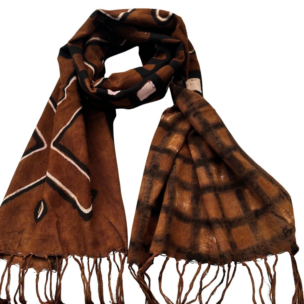 Foulard Bogolan Authentique – Tissé à la Main au Mali, 100 % Coton, Teintures Naturelles (Unisexe) - Marron- OMBAH