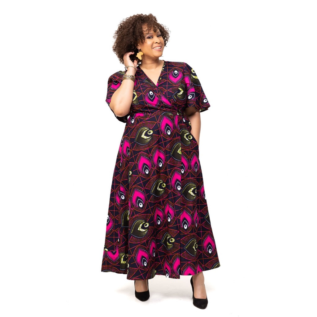 YORI African Fabric Wrap Maxi Dress - Pink