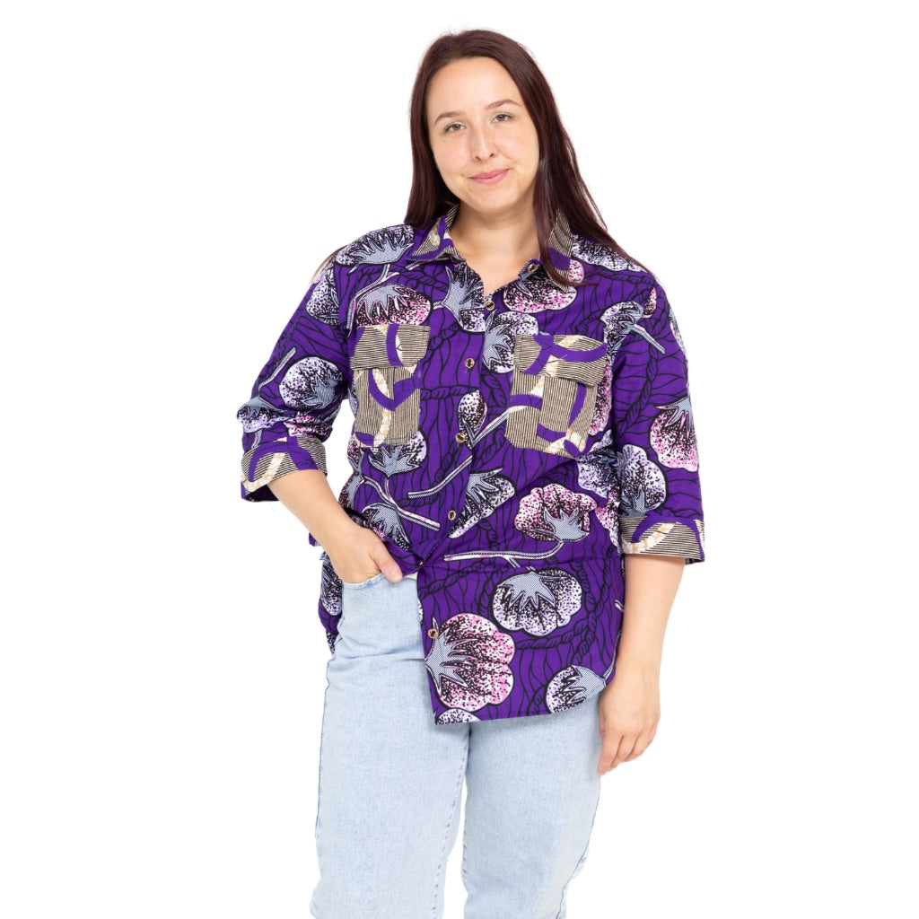 DIA African Fabric 3/4 Shirt for Women with 2 pockets - Violet