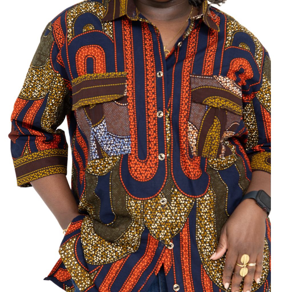 DIA African Fabric 3/4 Shirt for Women with 2 pockets - Red