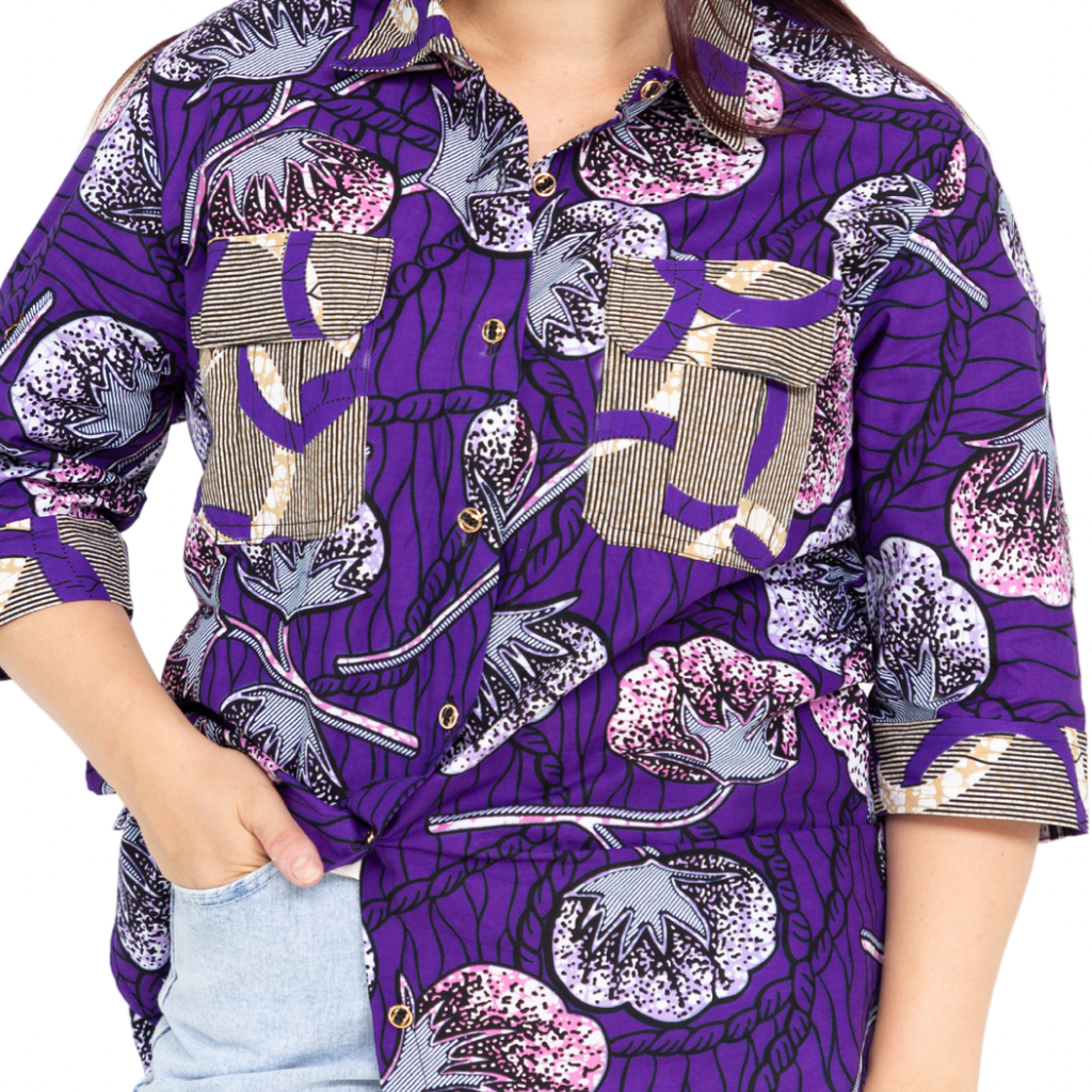 DIA African Fabric 3/4 Shirt for Women with 2 pockets - Violet