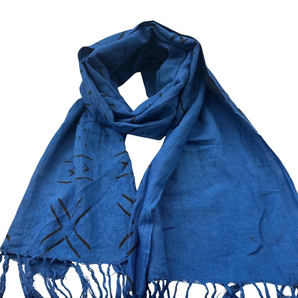Foulard Bogolan Authentique – Tissé à la Main au Mali, 100 % Coton, Teintures Naturelles (Unisexe) - Bleu- OMBAH