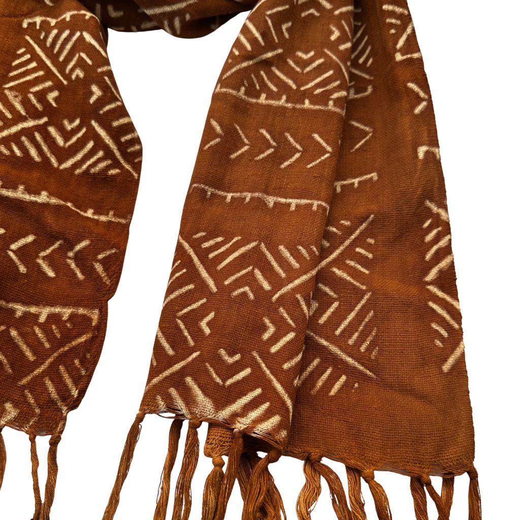 Foulard Bogolan Authentique – Tissé à la Main au Mali, 100 % Coton, Teintures Naturelles (Unisexe) - Terracotta- OMBAH
