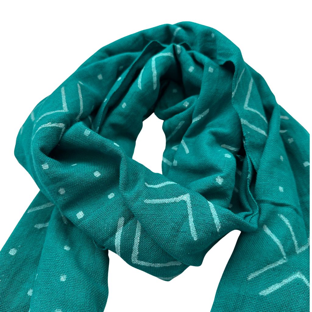 Foulard Bogolan Authentique – Tissé à la Main au Mali, 100 % Coton, Teintures Naturelles (Unisexe) - Turquoise- OMBAH
