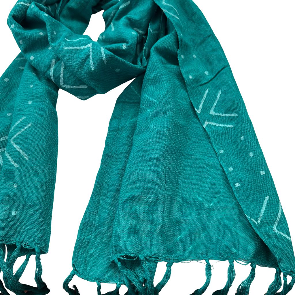 Foulard Bogolan Authentique – Tissé à la Main au Mali, 100 % Coton, Teintures Naturelles (Unisexe) - Turquoise- OMBAH