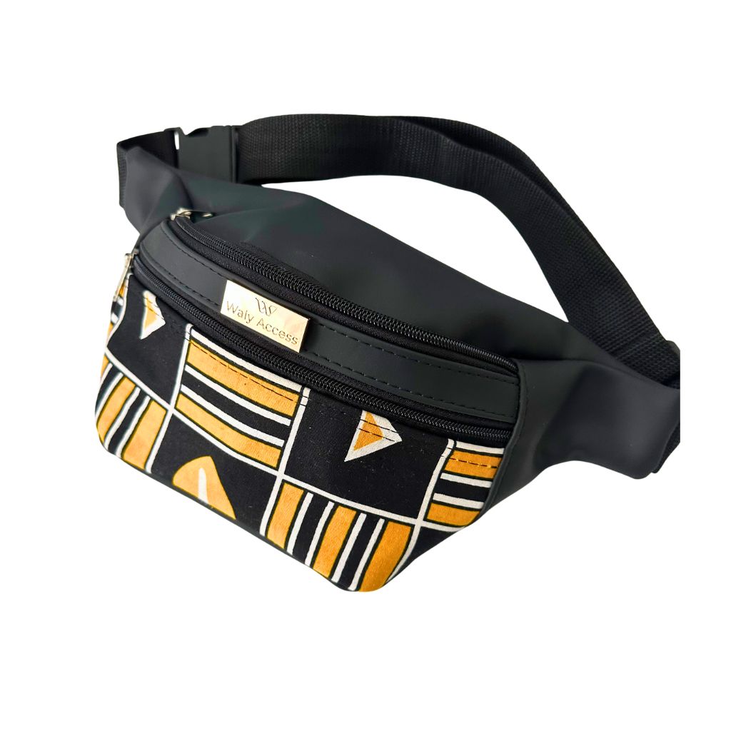 KWALI - Sac banane en wax et simili cuir – Taille moyenne | Unisex avec sangle ajustable - Noir & Orange