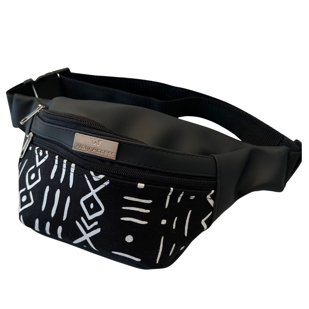 KWALI - Sac banane en wax et simili cuir – Taille moyenne | Unisex avec sangle ajustable - Noir & Blanc