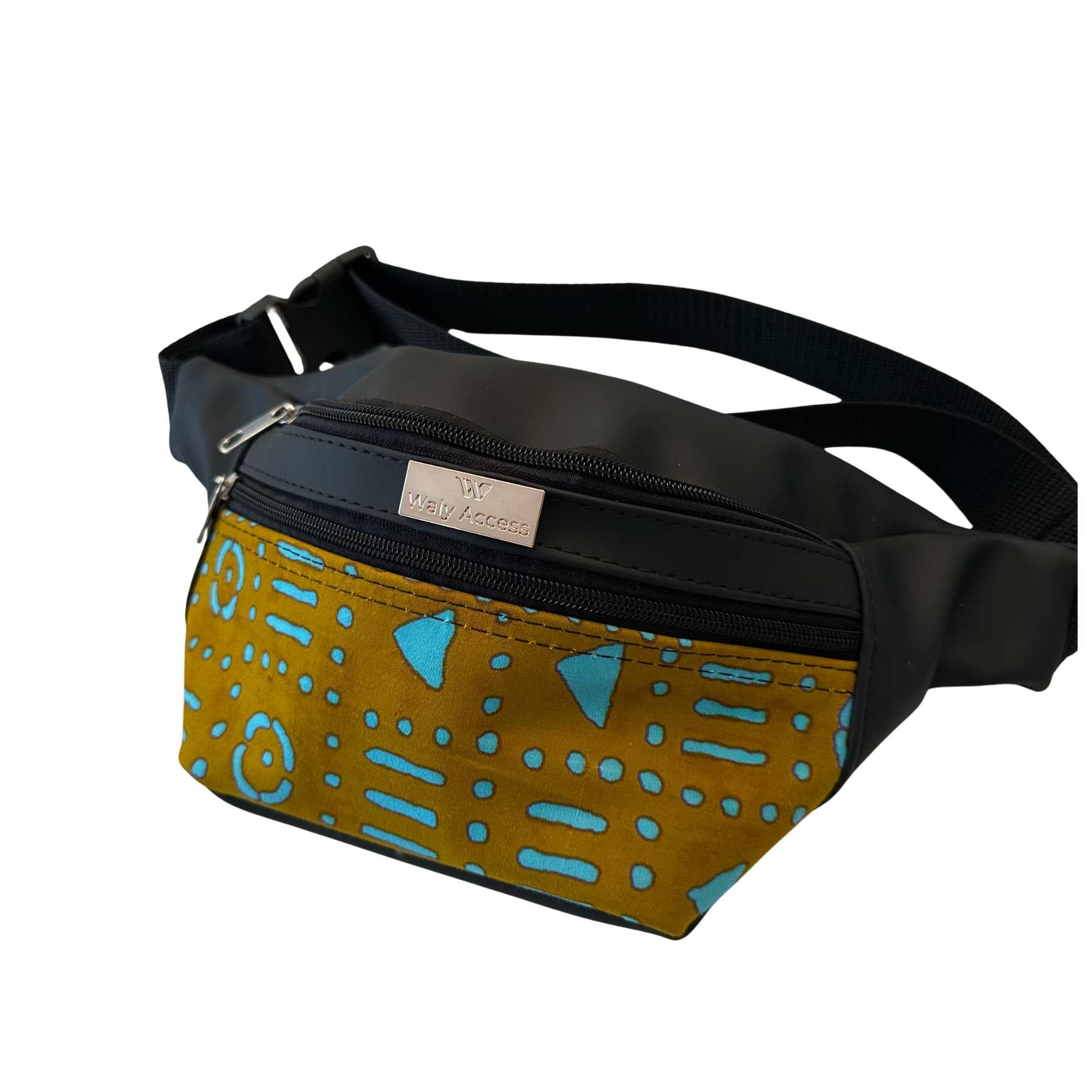 KWALI Medium African Wax Waist Bag in Faux Leather | Unisex Adjustable Fanny Pack | Handmade Belt Bag - Green & Turquoise
