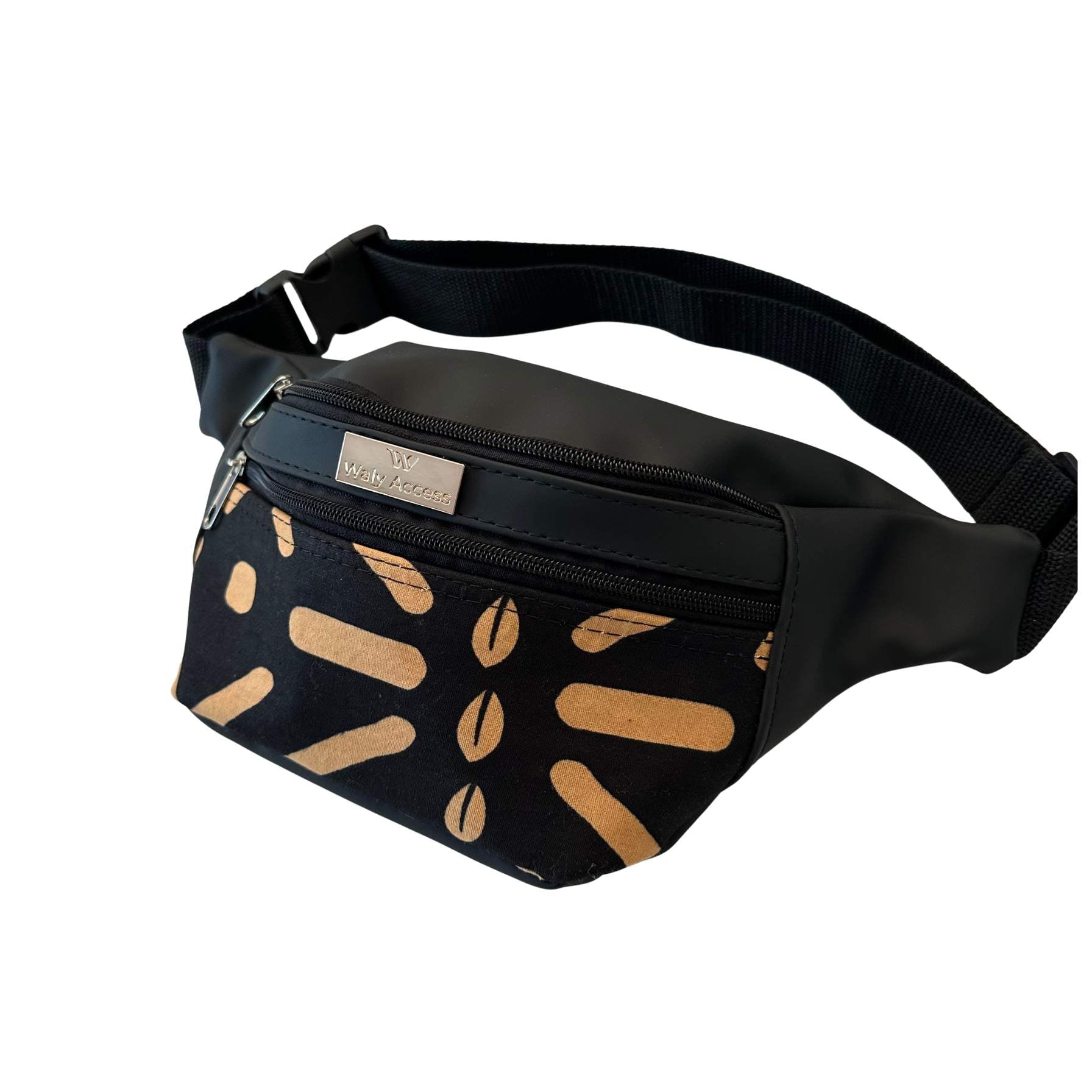 KWALI Medium African Wax Waist Bag in Faux Leather | Unisex Adjustable Fanny Pack | Handmade Belt Bag - Black & Brown