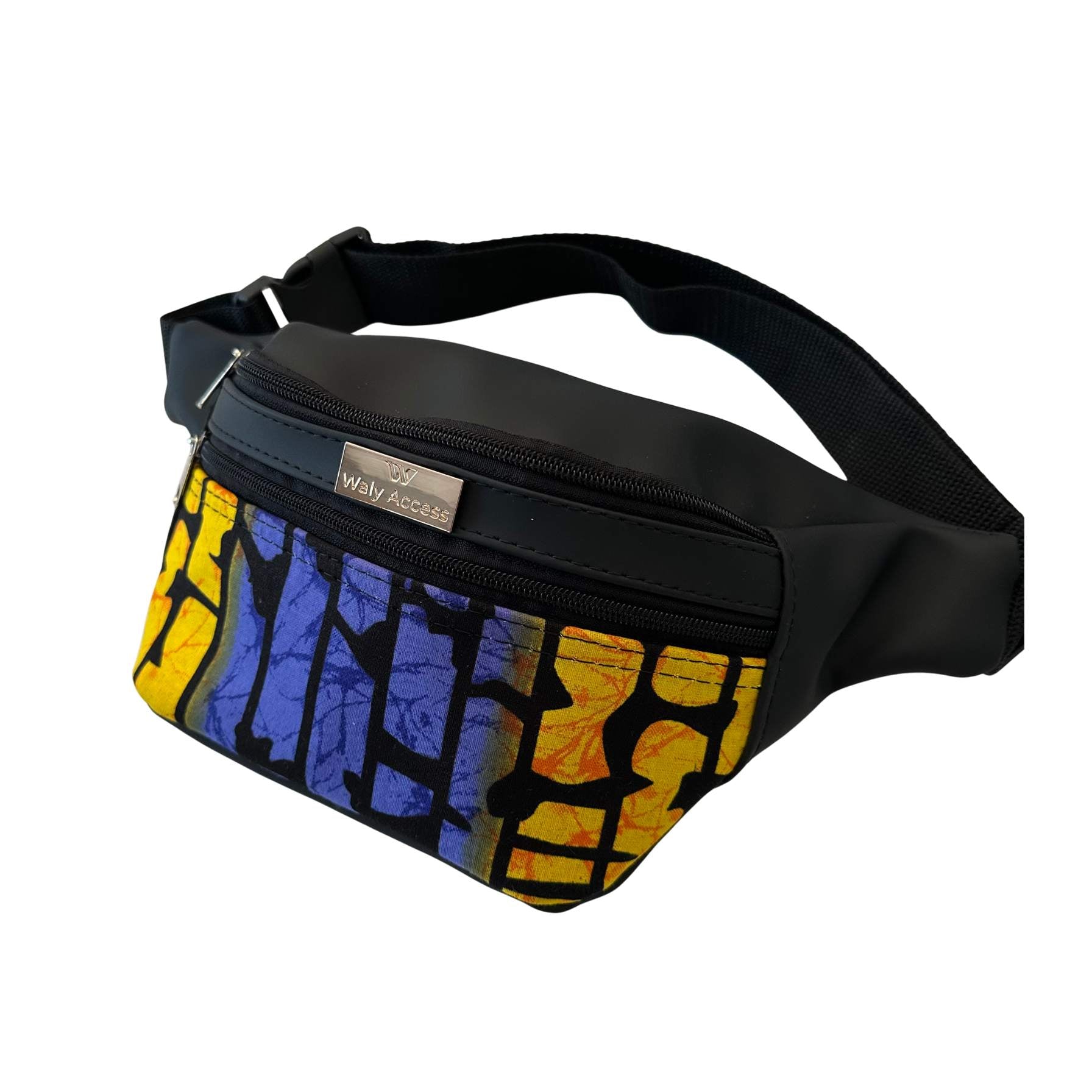KWALI Medium African Wax Waist Bag in Faux Leather | Unisex Adjustable Fanny Pack | Handmade Belt Bag - Yellow & Blue