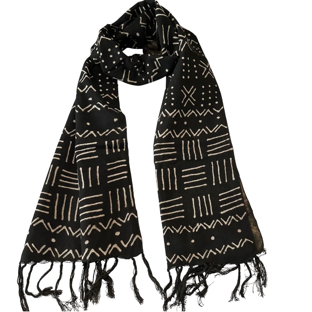 Foulard Bogolan Authentique – Tissé à la Main au Mali, 100 % Coton, Teintures Naturelles (Unisexe) - Noir