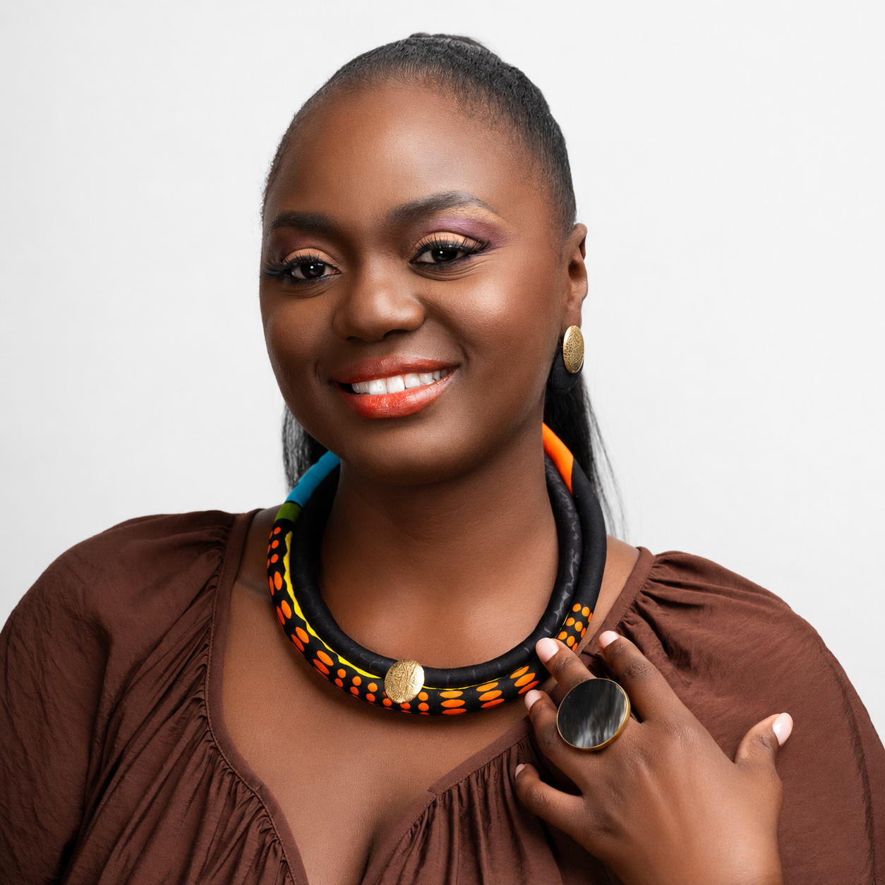 Two Strands African Fabric Set Necklace and Matching Stud Earrings