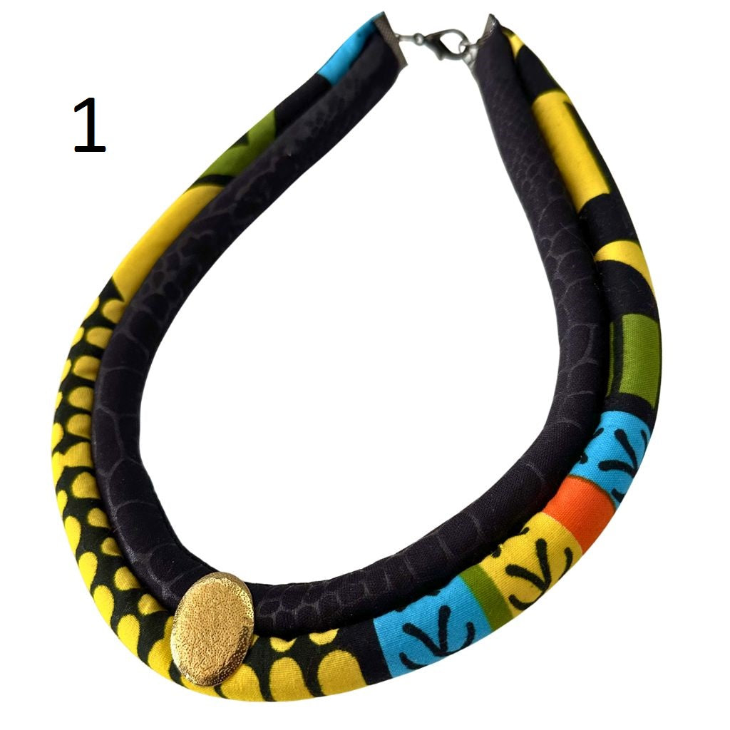 Two Strands African Fabric Set Necklace and Matching Stud Earrings