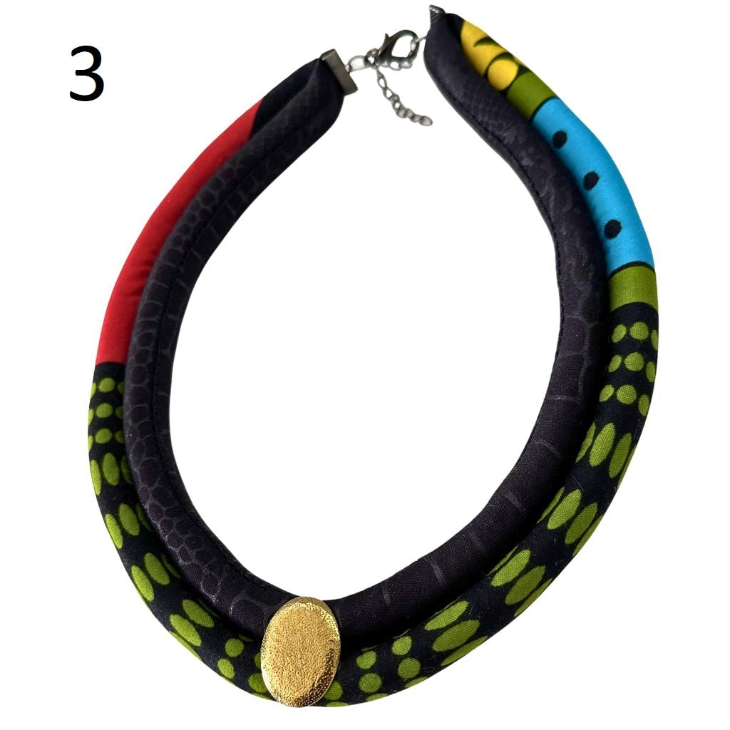 Two Strands African Fabric Set Necklace and Matching Stud Earrings