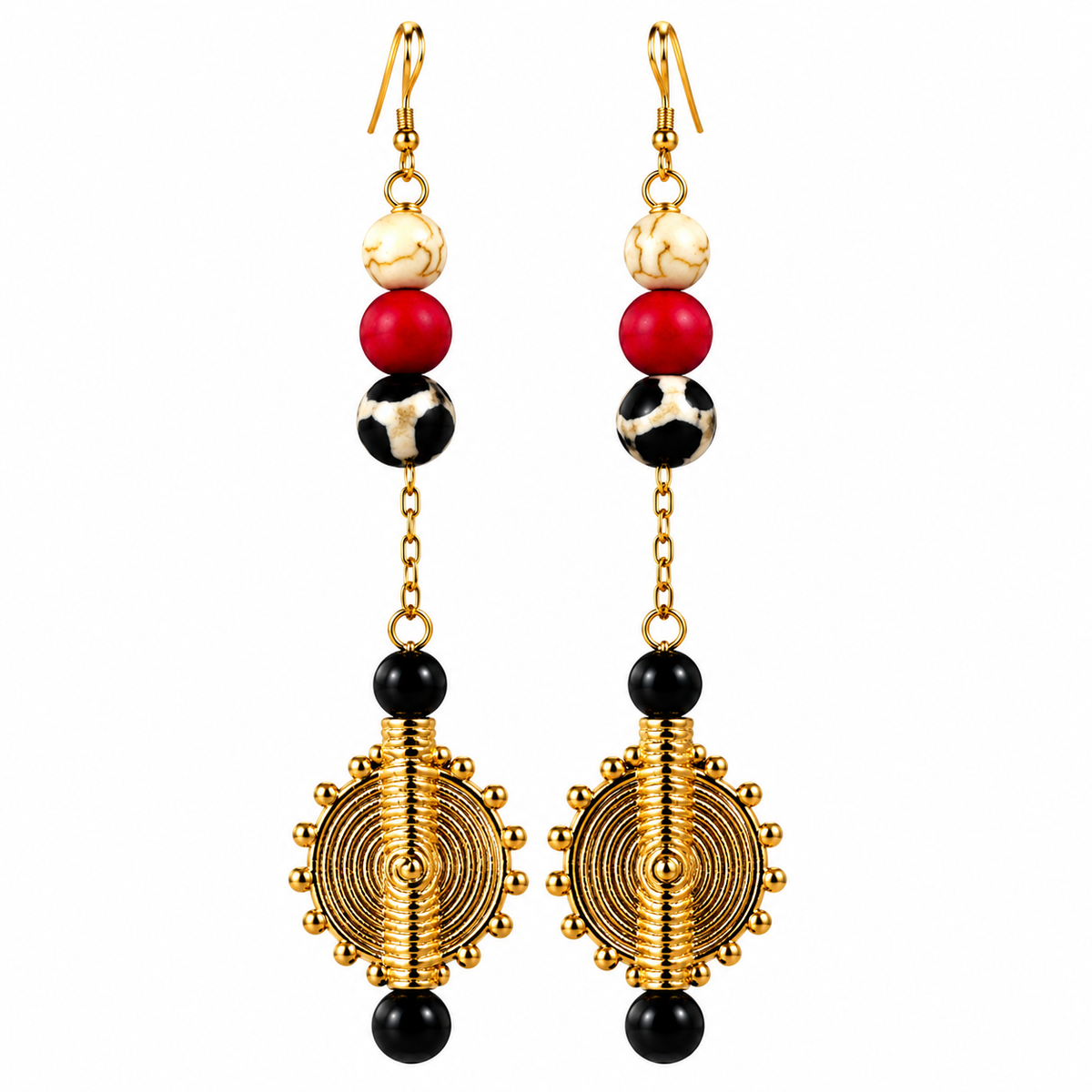Boucles d’oreilles AMINA – Poids Baoulé, Agate Marbrée & Acier Inoxydable