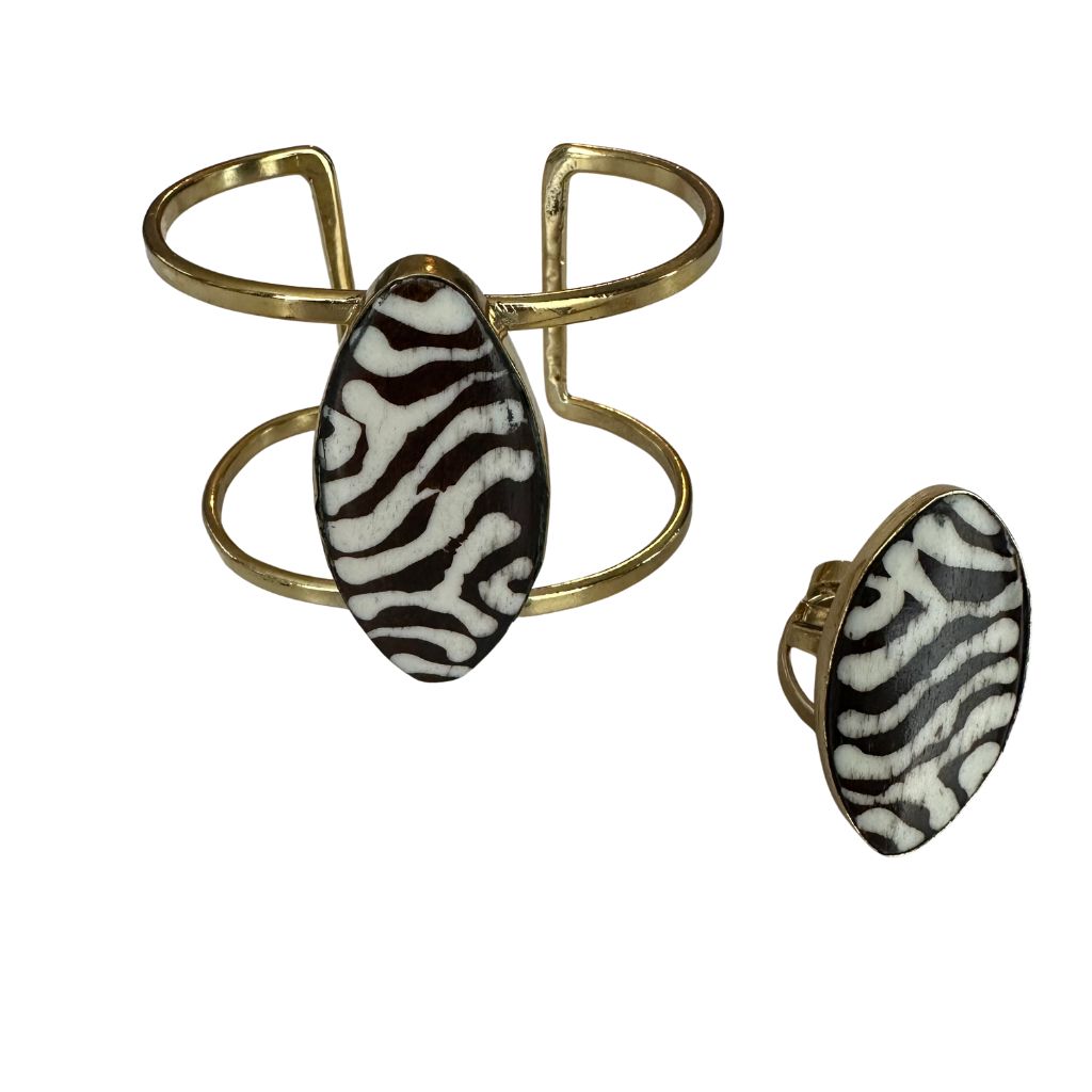 ONTSIA Bronze Ring and Bracelet Set – Handcrafted Statement Jewelry - Black & White - Zebre