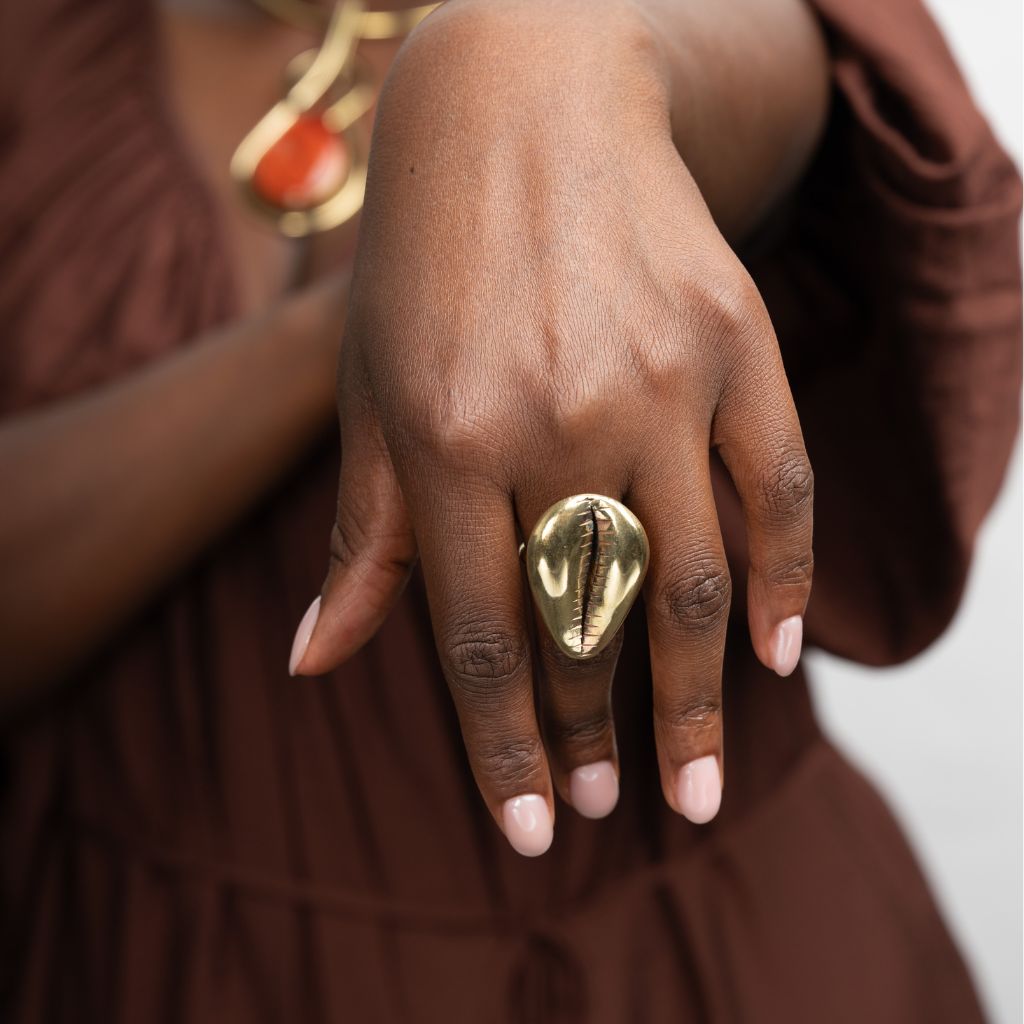 AMBIA Brass Cowrie Jewelry Set, Ring & Earrings