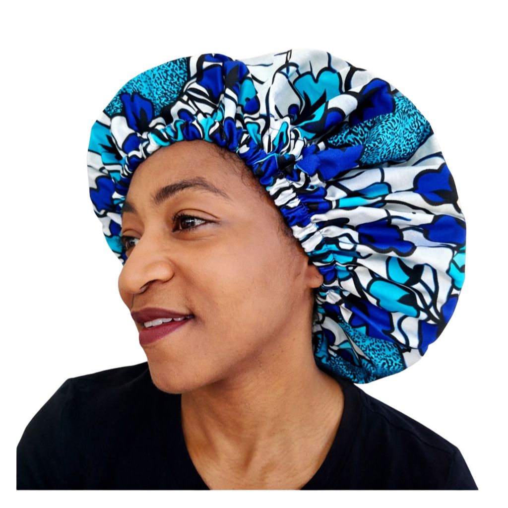 OFOUROU - Wax Satin Bonnet for Women – Adjustable Night Hair Bonnet – Cotton Wax, Satin Lined, Blue