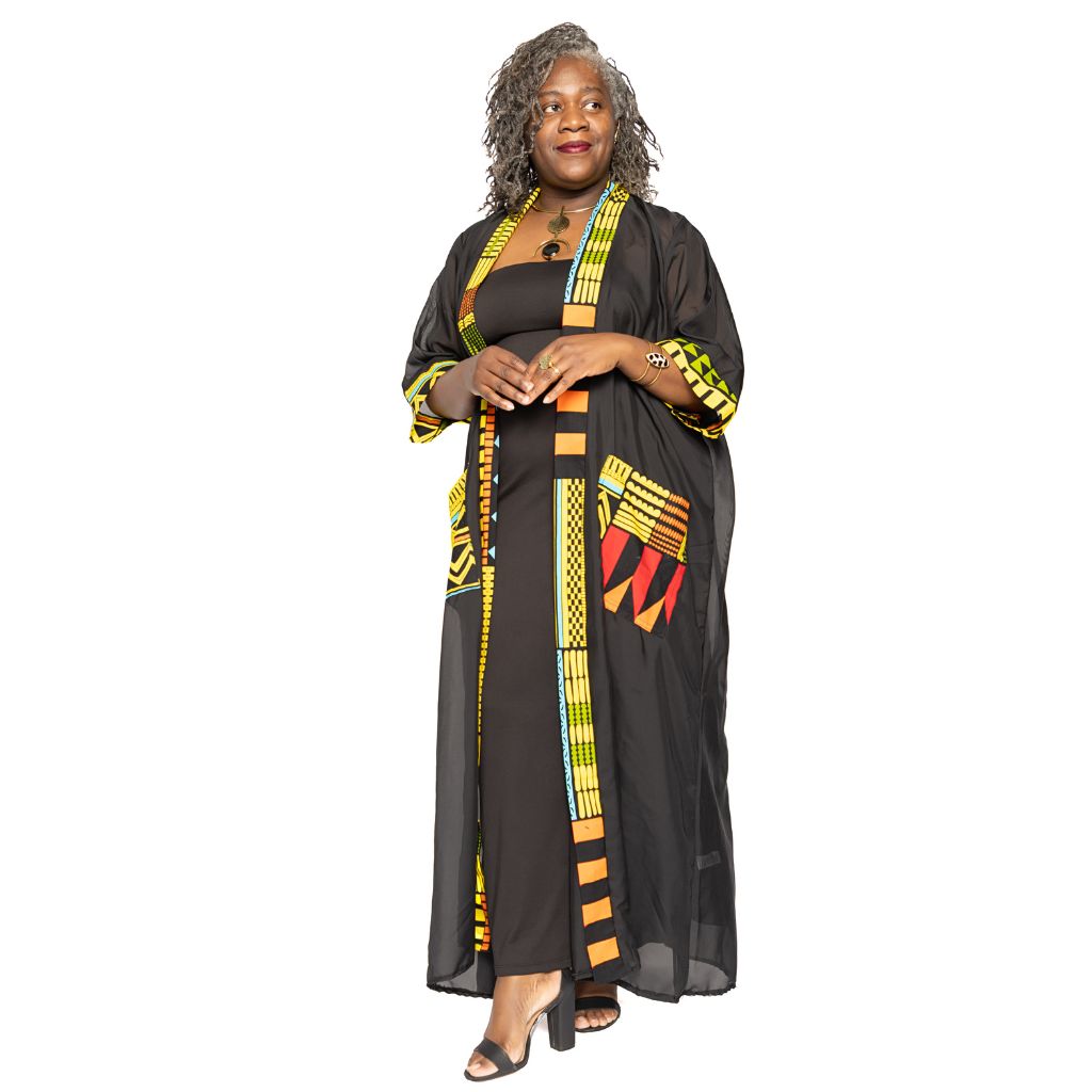 ITONDA African Fabric and chiffon Kimono - Black