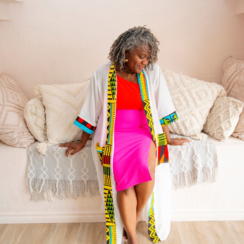 ITONDA African Fabric and chiffon Kimono - White