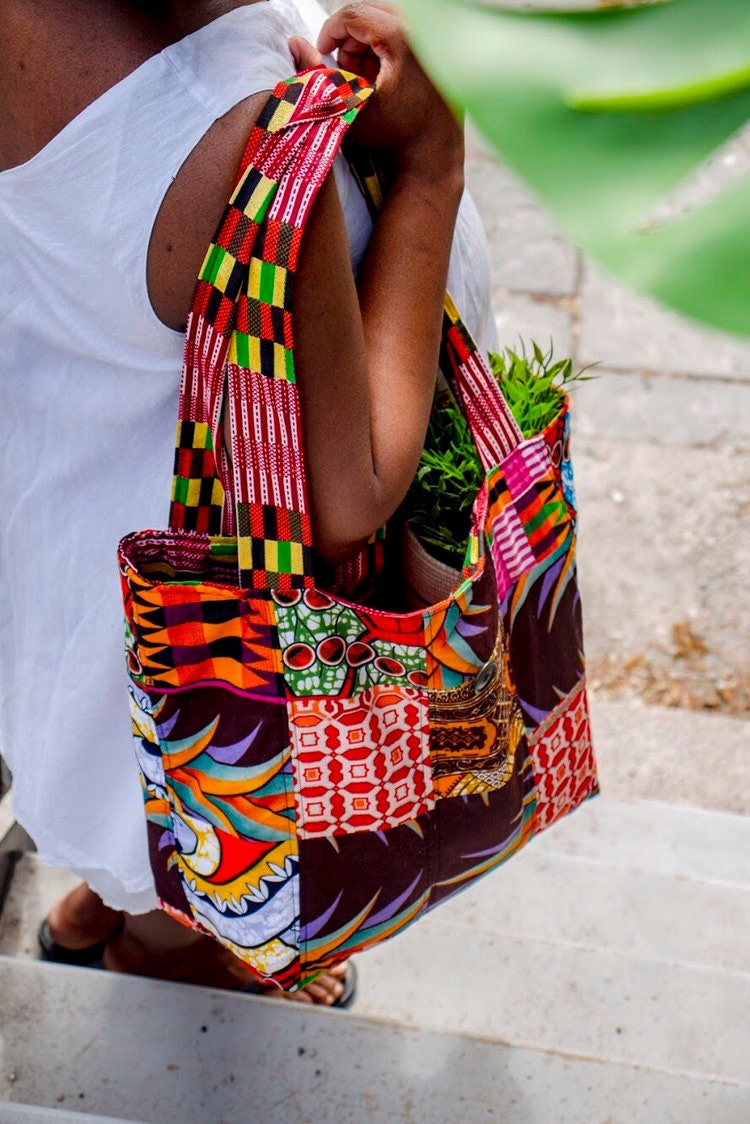 PIEH Big Patchwork African fabric quilted tote bag - Brown