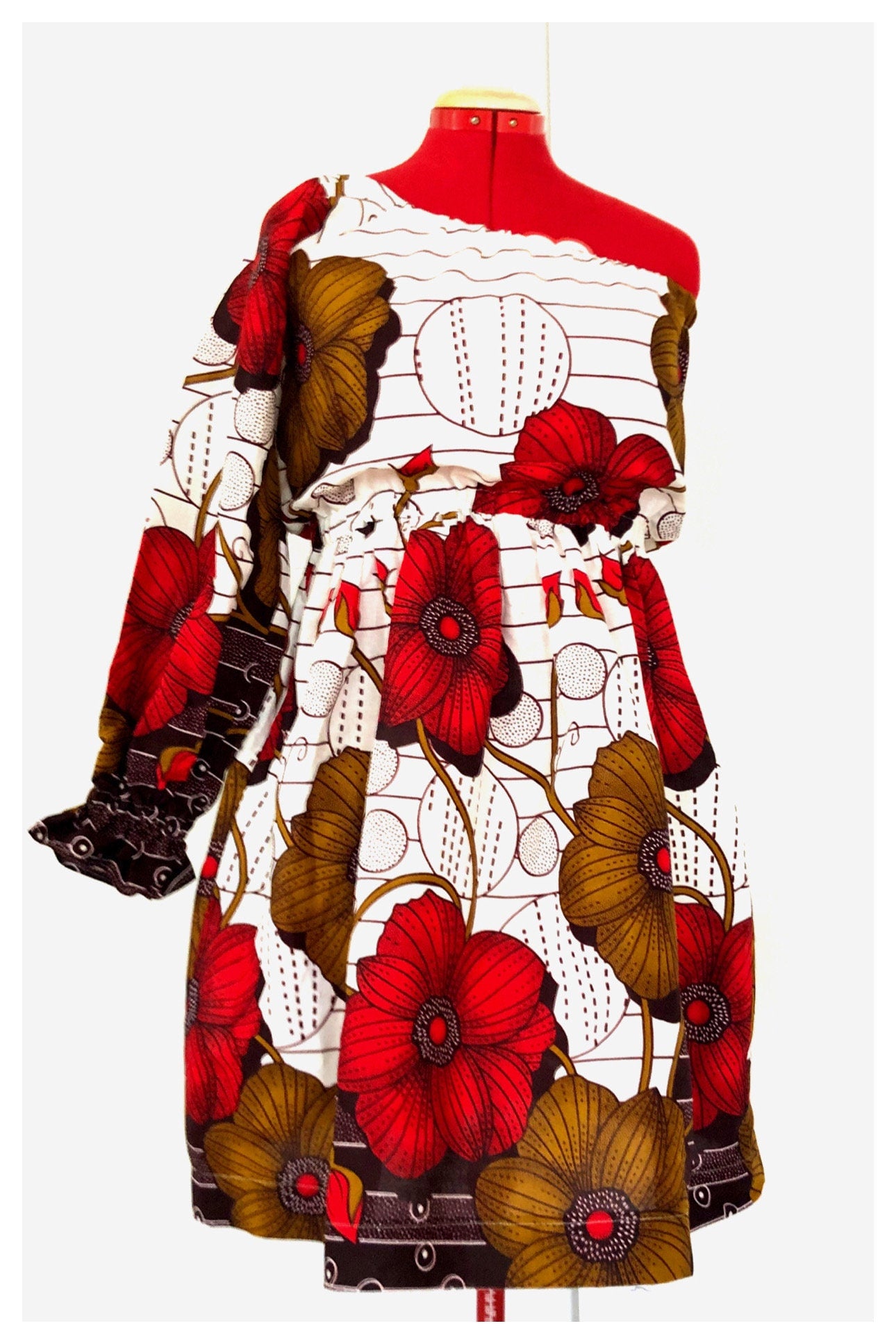 ODOUSSOU Wax print one shoulder dress with 2 pockets - Red