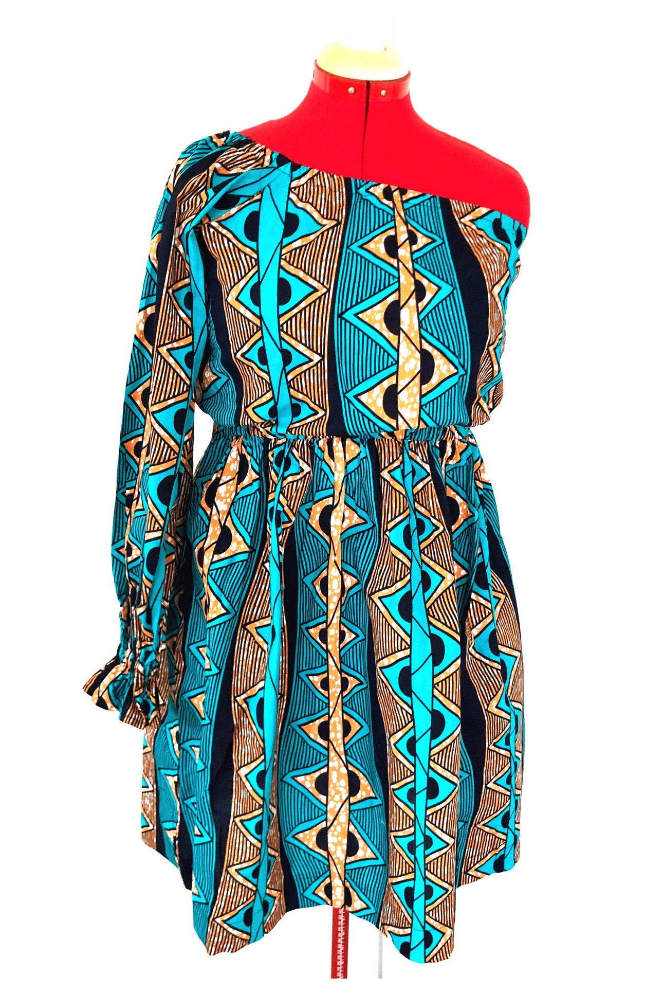 ODOUSSOU Wax print one shoulder dress with 2 pockets - Blue