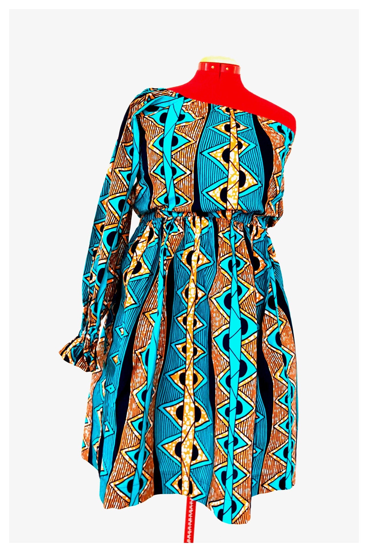 ODOUSSOU Wax print one shoulder dress with 2 pockets - Blue