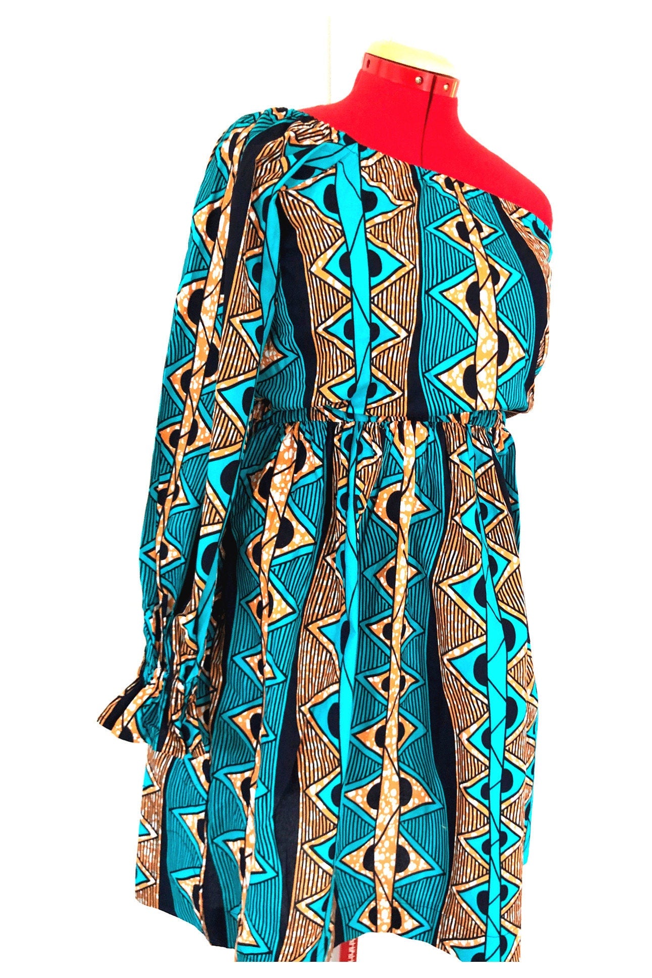 ODOUSSOU Wax print one shoulder dress with 2 pockets - Blue