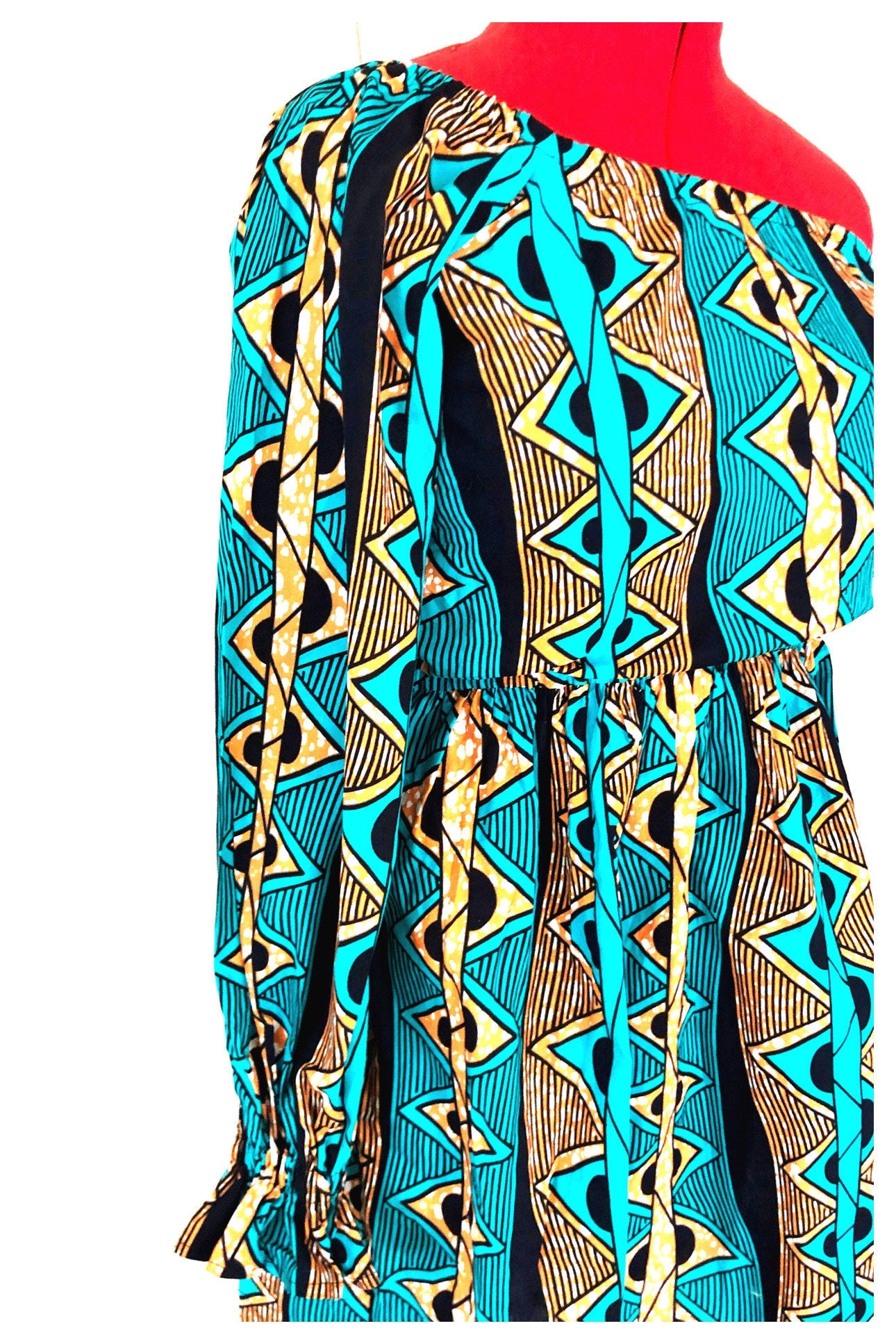 ODOUSSOU Wax print one shoulder dress with 2 pockets - Blue