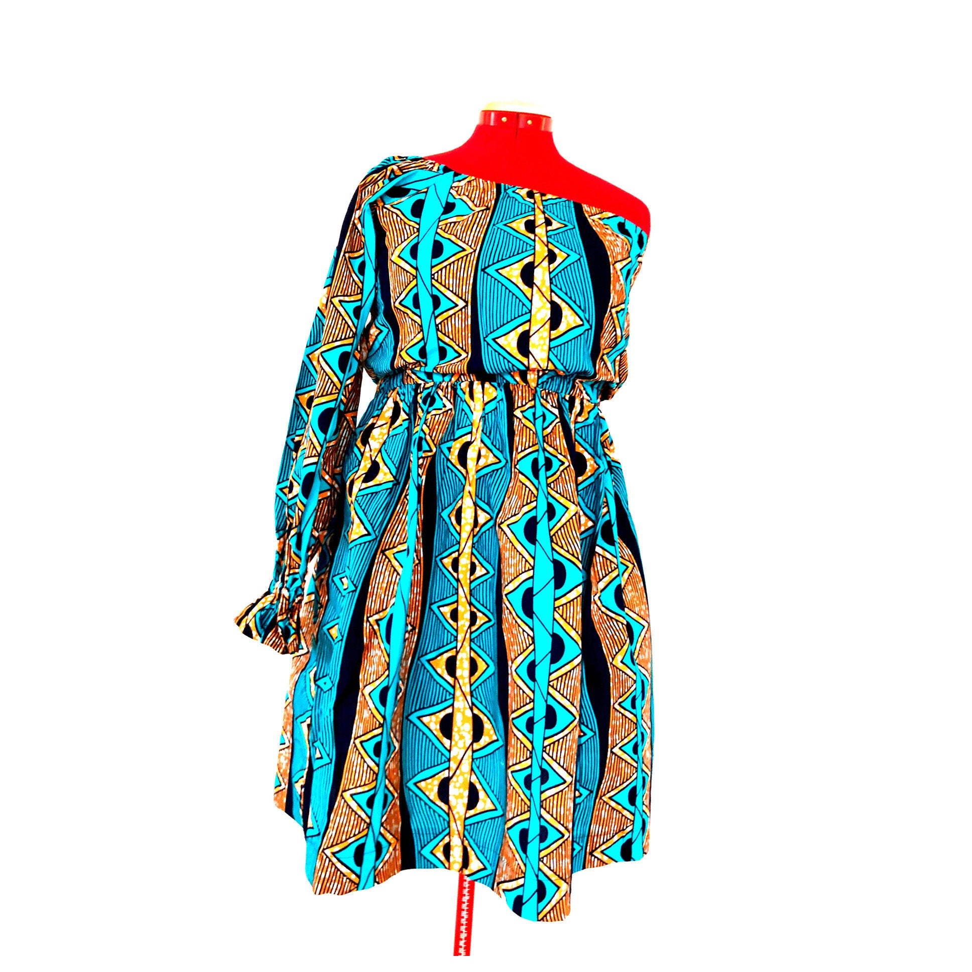 ODOUSSOU Wax print one shoulder dress with 2 pockets - Blue