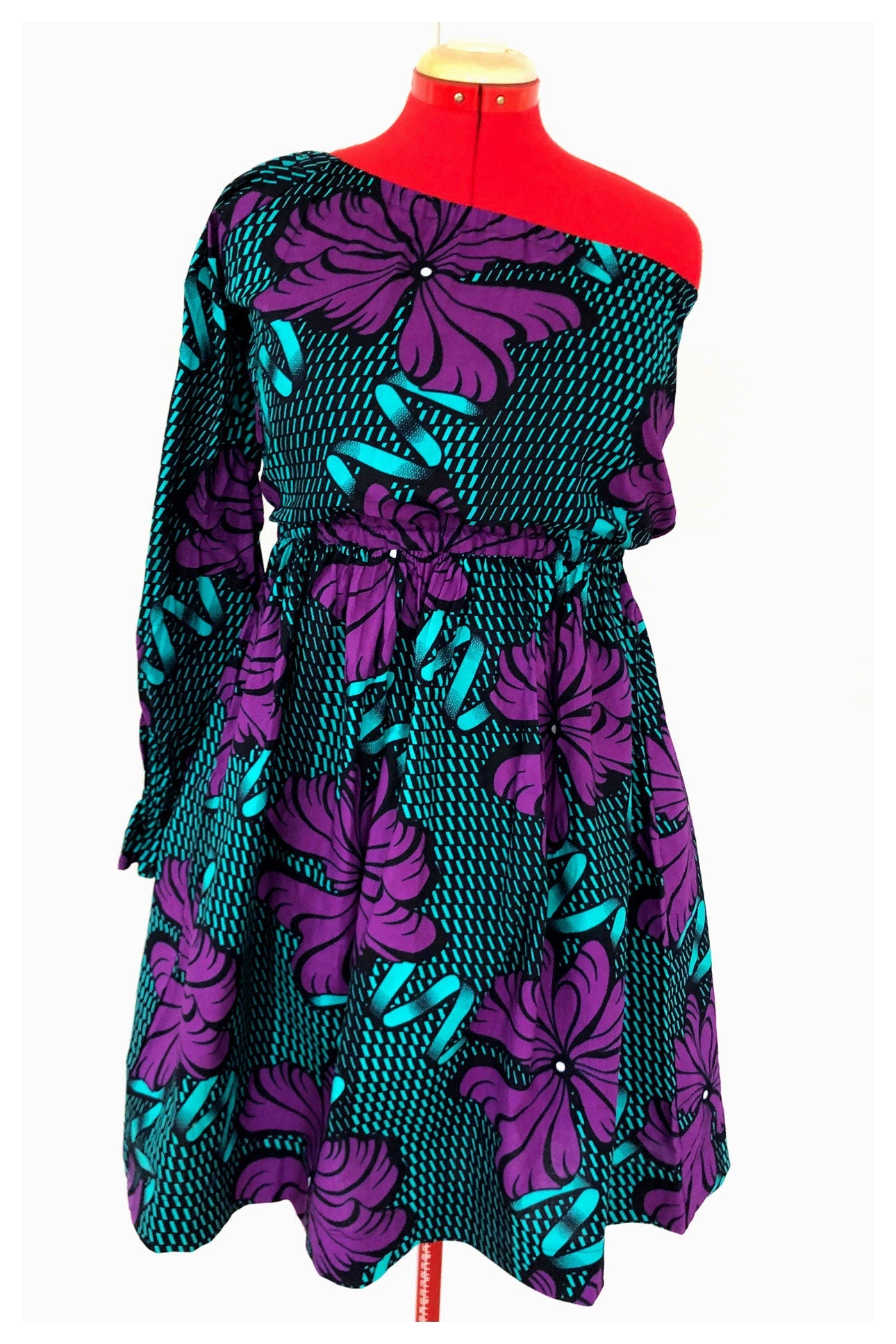ODOUSSOU Wax print one shoulder dress with 2 pockets - Purple