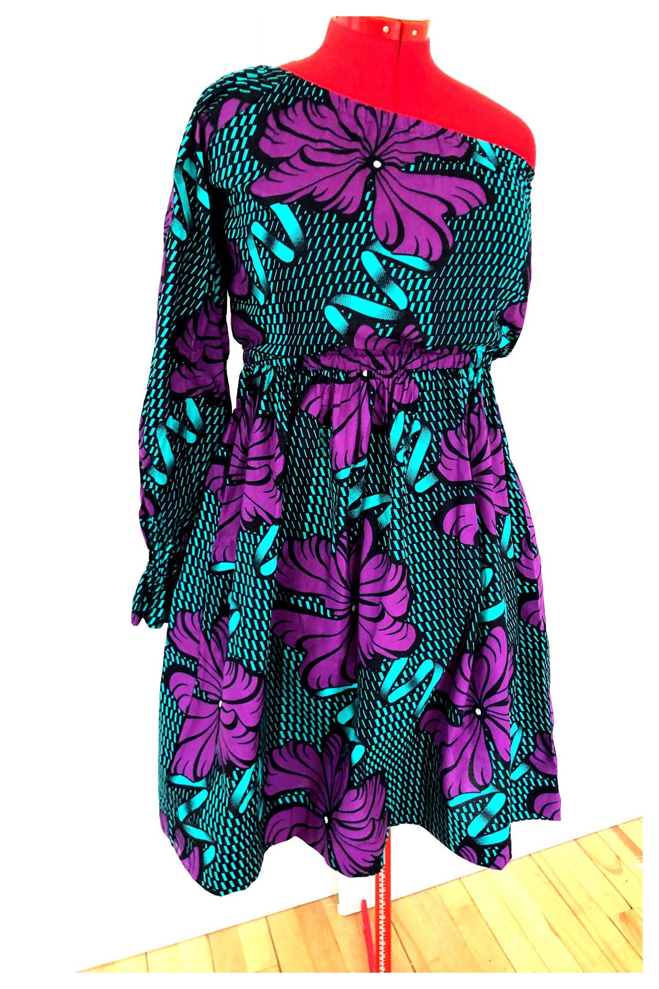 ODOUSSOU Wax print one shoulder dress with 2 pockets - Purple