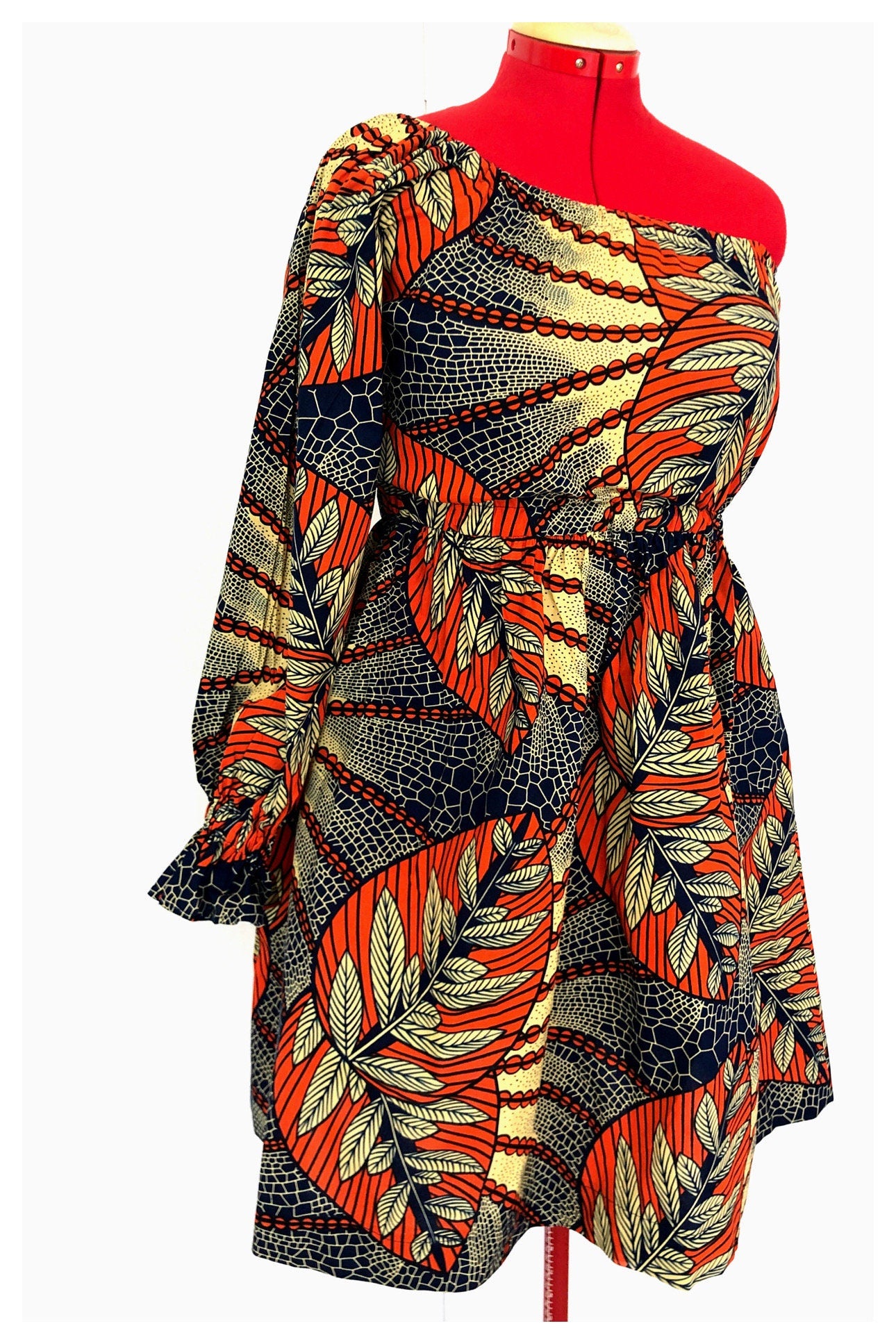 ODOUSSOU Wax print one shoulder dress with 2 pockets - Orange