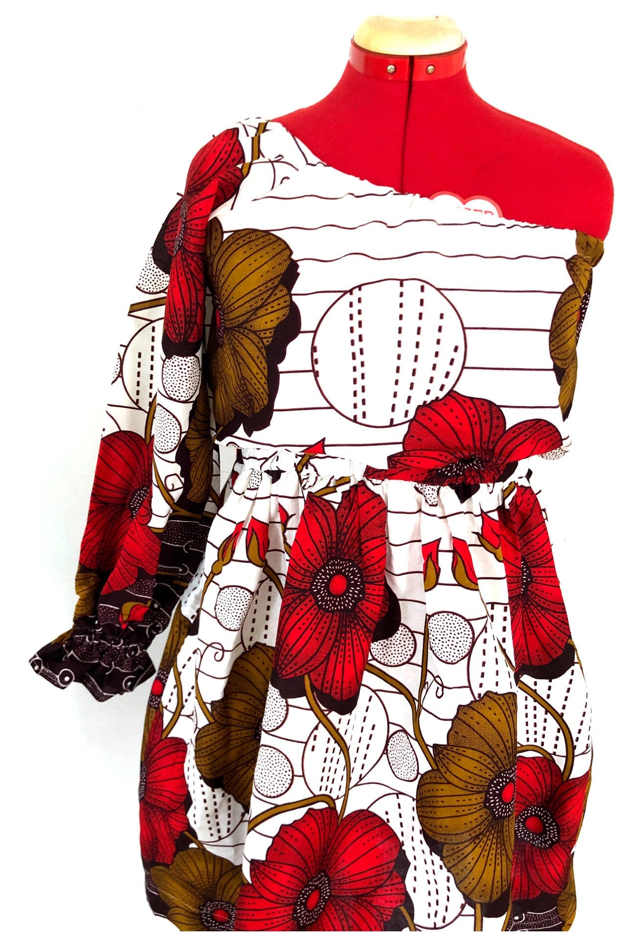ODOUSSOU Wax print one shoulder dress with 2 pockets - Red