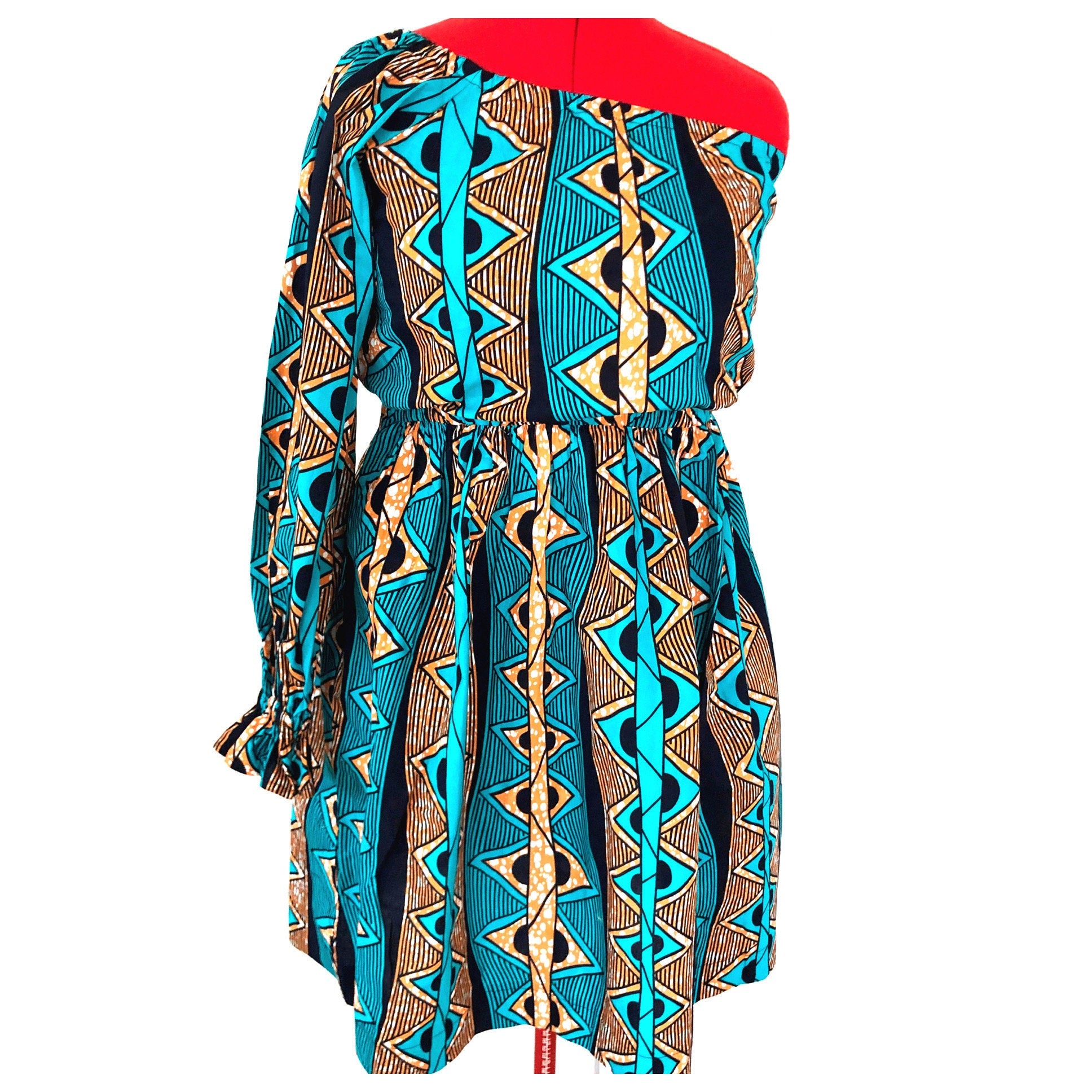 ODOUSSOU Wax print one shoulder dress with 2 pockets - Blue