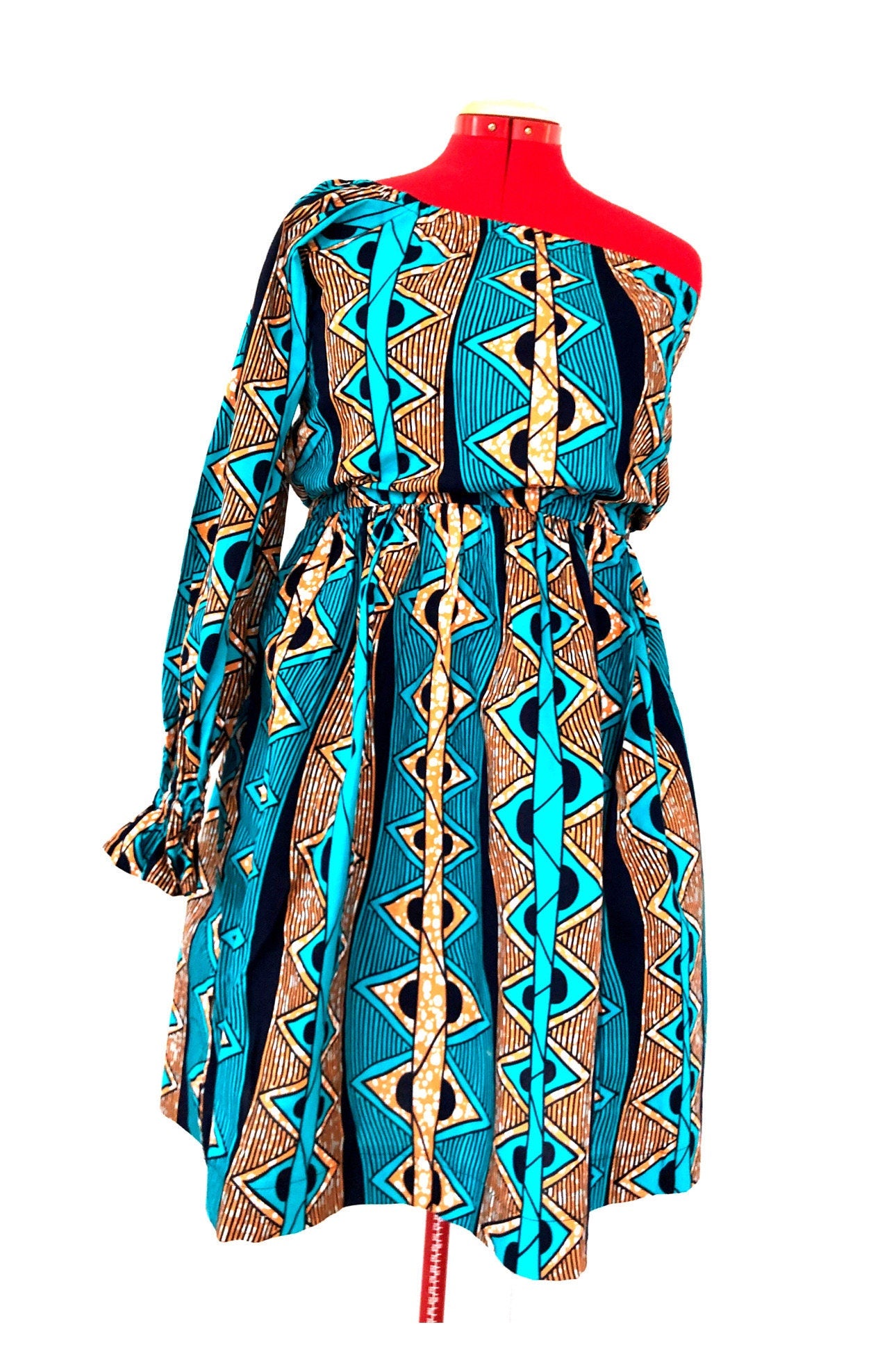 ODOUSSOU Wax print one shoulder dress with 2 pockets - Blue