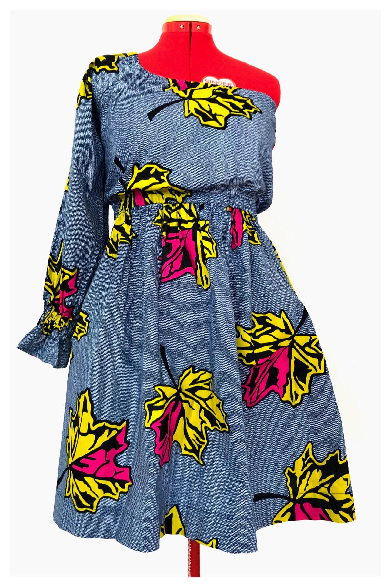 ODOUSSOU Wax print one shoulder dress with 2 pockets - Pink