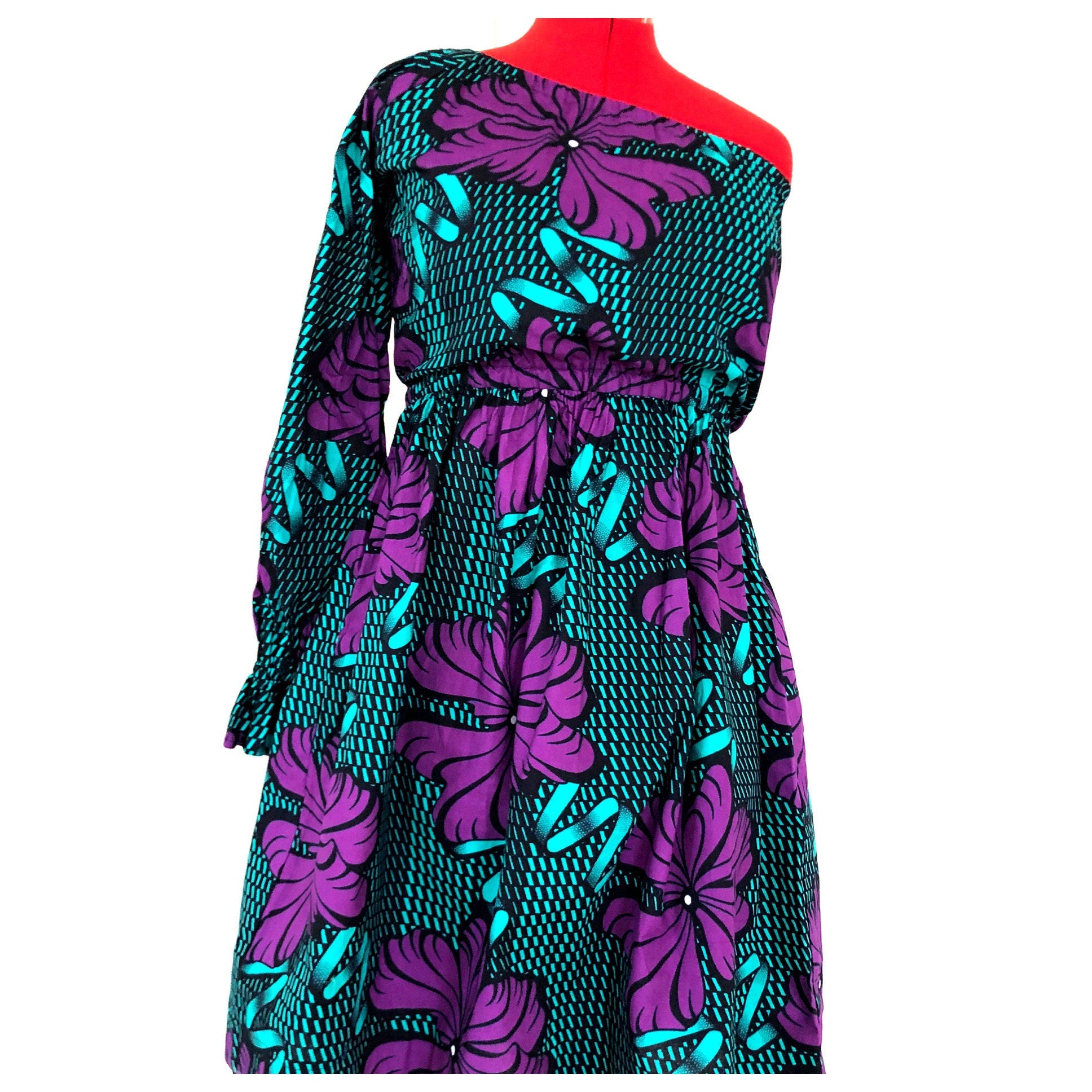 ODOUSSOU Wax print one shoulder dress with 2 pockets - Purple