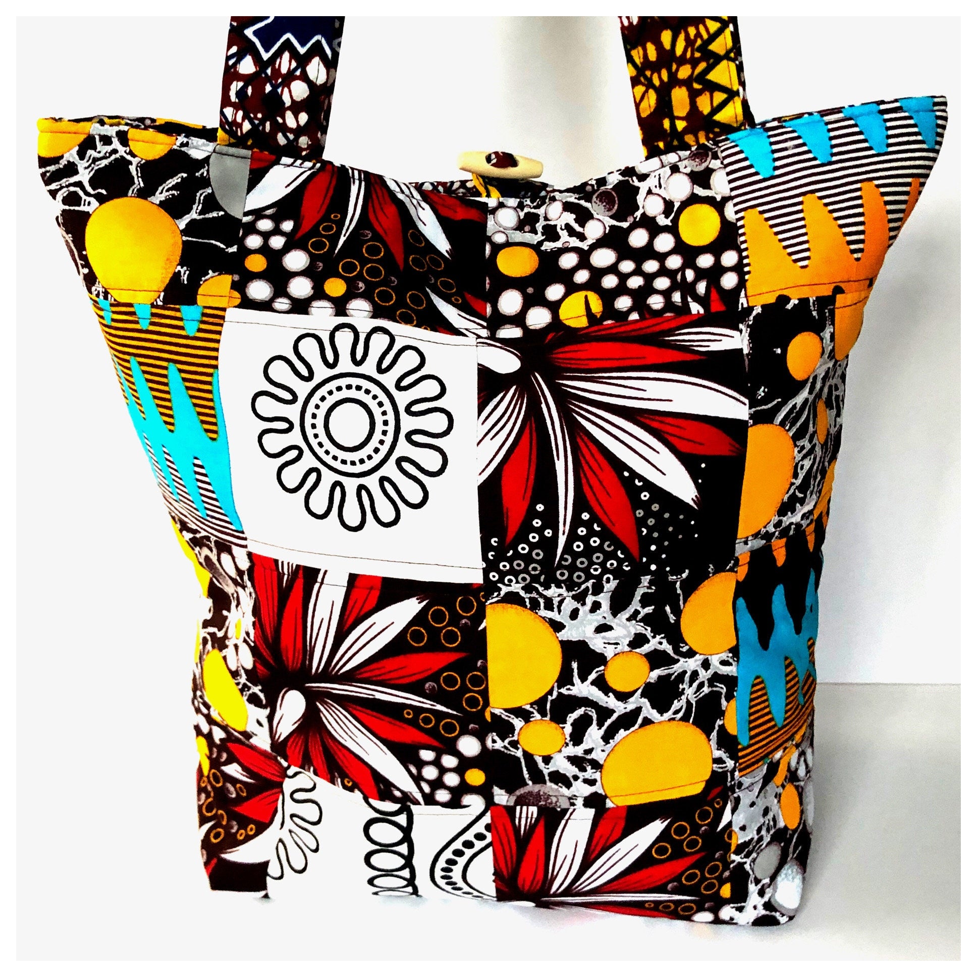PIEH Big Patchwork African fabric quilted tote bag - Brown