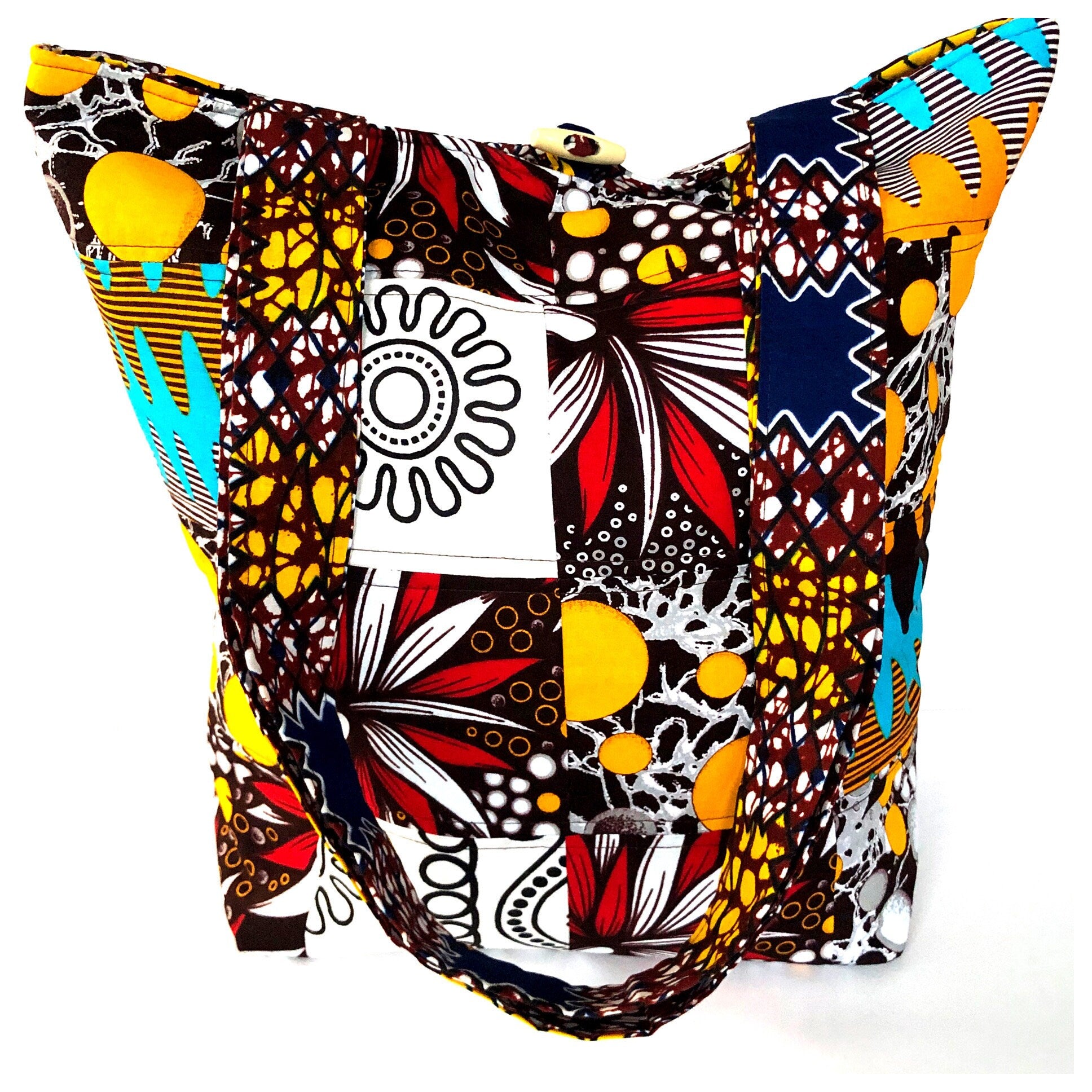 PIEH Big Patchwork African fabric quilted tote bag - Brown