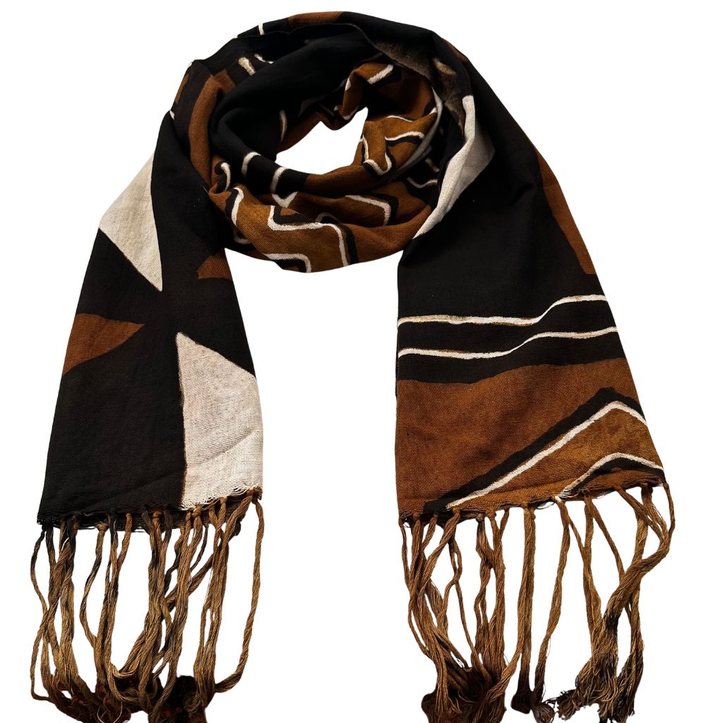 Foulard Bogolan Authentique – Tissé à la Main au Mali, 100 % Coton, Teintures Naturelles (Unisexe) - Marron- OMBAH