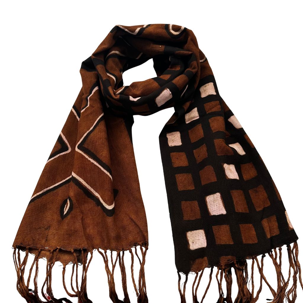 Foulard Bogolan Authentique – Tissé à la Main au Mali, 100 % Coton, Teintures Naturelles (Unisexe) - Marron- OMBAH
