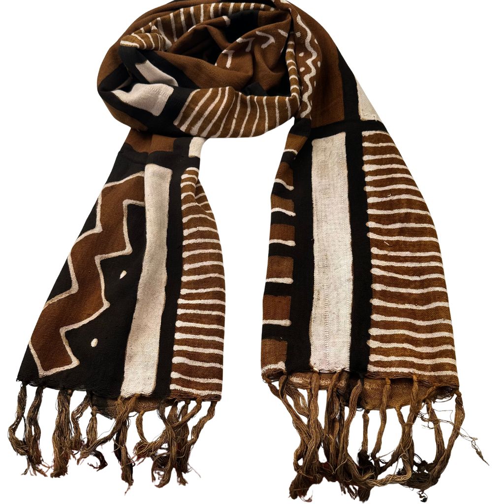 Foulard Bogolan Authentique – Tissé à la Main au Mali, 100 % Coton, Teintures Naturelles (Unisexe) - Marron- OMBAH