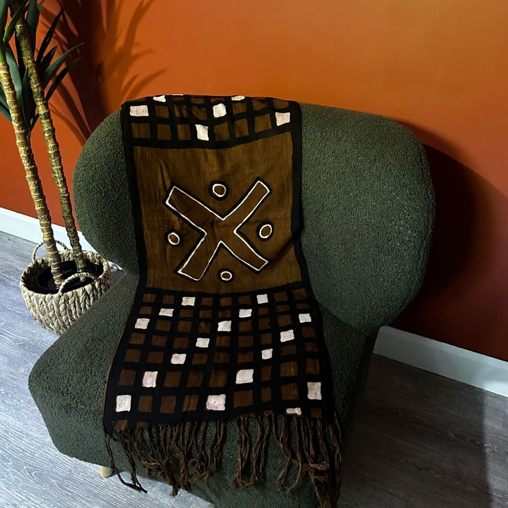 Foulard Bogolan Authentique – Tissé à la Main au Mali, 100 % Coton, Teintures Naturelles (Unisexe) - Marron- OMBAH