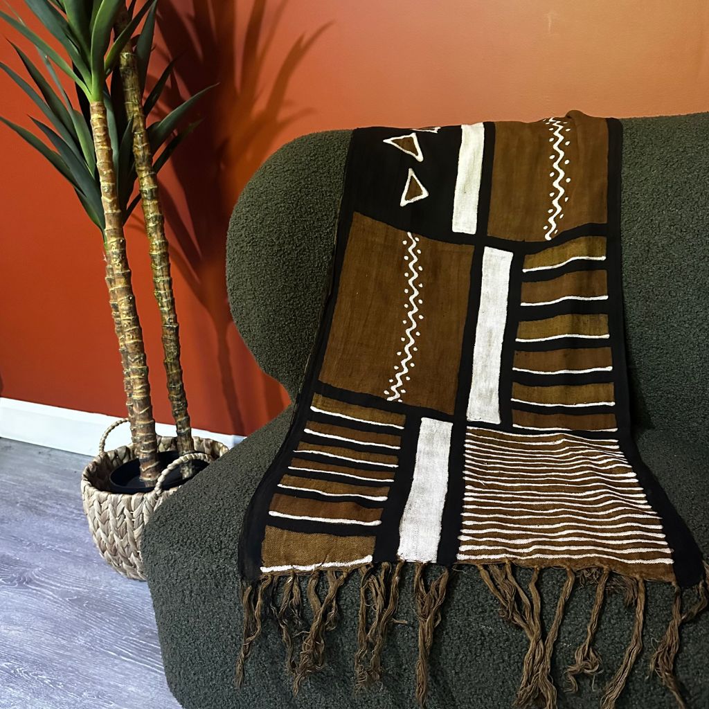 Foulard Bogolan Authentique – Tissé à la Main au Mali, 100 % Coton, Teintures Naturelles (Unisexe) - Marron- OMBAH