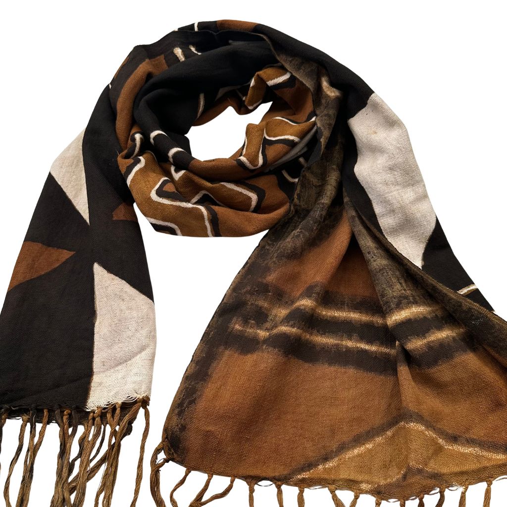 Foulard Bogolan Authentique – Tissé à la Main au Mali, 100 % Coton, Teintures Naturelles (Unisexe) - Marron- OMBAH